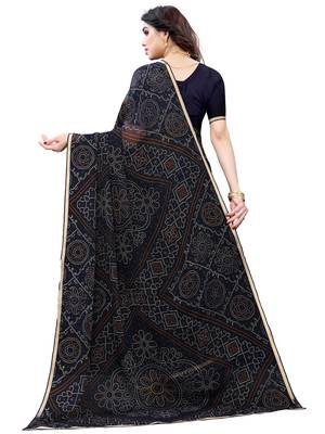Navy blue printed chiffon saree with blouse 3