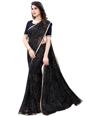 Navy blue printed chiffon saree with blouse 4