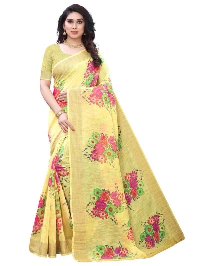 Women Yellow Cotton Blend Digital Printed Saree With Unstitched Blouse
