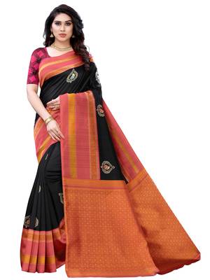 Black printed poly silk saree with blouse 1
