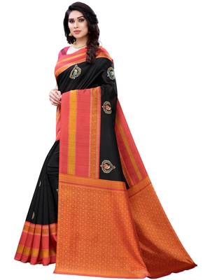 Black printed poly silk saree with blouse 2