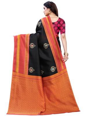Black printed poly silk saree with blouse 3