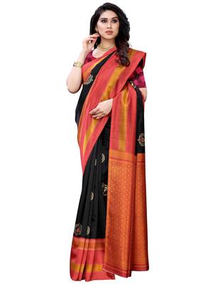 Black printed poly silk saree with blouse 4
