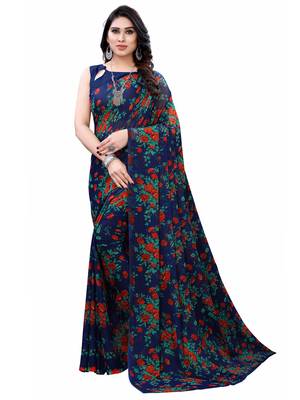 Navy blue printed chiffon saree with blouse 1