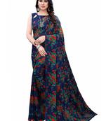 Navy blue printed chiffon saree with blouse