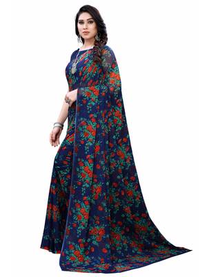 Navy blue printed chiffon saree with blouse 2