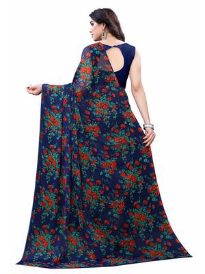 Navy blue printed chiffon saree with blouse 3