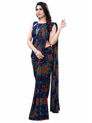 Navy blue printed chiffon saree with blouse 4