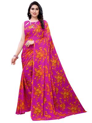 Pink printed chiffon saree with blouse 1