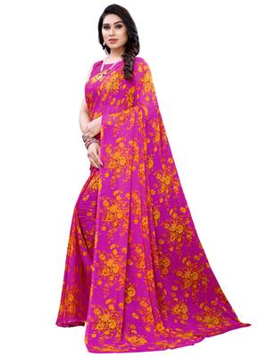 Pink printed chiffon saree with blouse 2