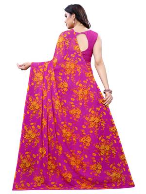 Pink printed chiffon saree with blouse 3
