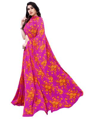 Pink printed chiffon saree with blouse 4