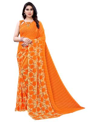 Orange printed chiffon saree with blouse 1