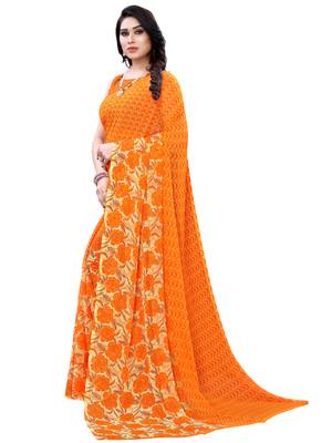 Orange printed chiffon saree with blouse 2