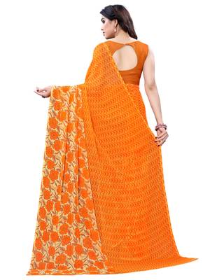 Orange printed chiffon saree with blouse 3