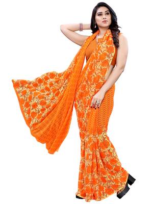 Orange printed chiffon saree with blouse 4
