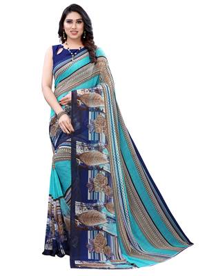 Teal printed chiffon saree with blouse 1