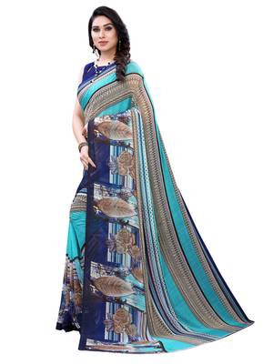 Teal printed chiffon saree with blouse 2