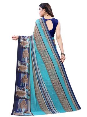 Teal printed chiffon saree with blouse 3