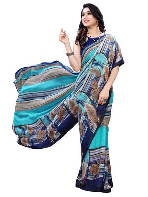 Teal printed chiffon saree with blouse 4