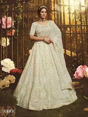 White embroidered georgette semi stitched lehenga 2