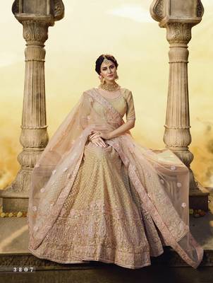 Golden embroidered georgette semi stitched lehenga 2