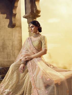 Golden embroidered georgette semi stitched lehenga 4