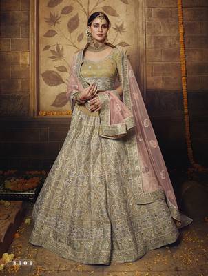 Golden embroidered georgette semi stitched lehenga 1