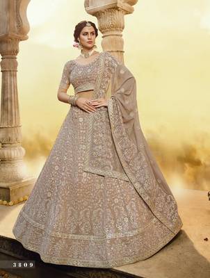 Light-brown embroidered georgette semi stitched lehenga 1