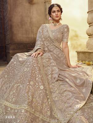 Light-brown embroidered georgette semi stitched lehenga 2