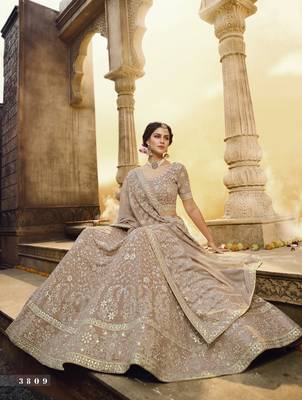 Light-brown embroidered georgette semi stitched lehenga 3