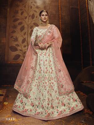 Off-white embroidered georgette semi stitched lehenga 1