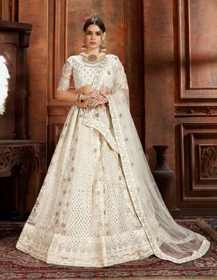 White embroidered net semi stitched lehenga 1