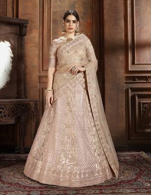 Beige embroidered net semi stitched lehenga 1