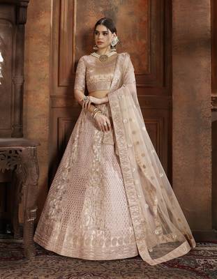 Beige embroidered net semi stitched lehenga 2