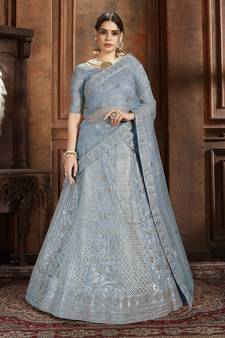 Sky-blue embroidered net semi stitched lehenga
