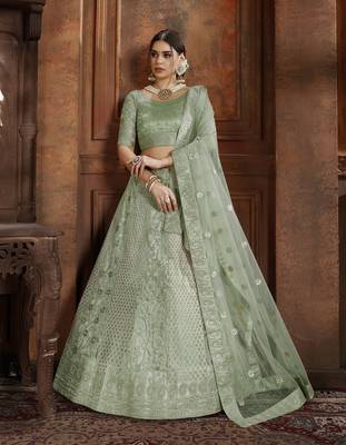 Light-green embroidered net semi stitched lehenga 1