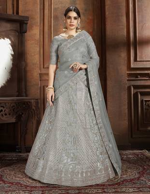 Grey embroidered net semi stitched lehenga 1