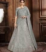 Grey embroidered net semi stitched lehenga