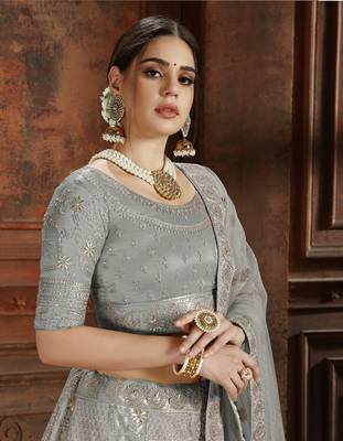 Grey embroidered net semi stitched lehenga 2