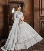 Sky-blue embroidered net semi stitched lehenga