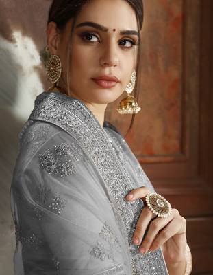 Sky-blue embroidered net semi stitched lehenga 2