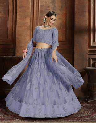 Grey embroidered net semi stitched lehenga 2