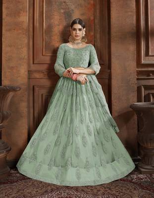Sky-blue embroidered net semi stitched lehenga 1