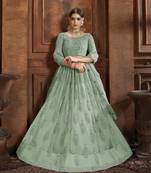 Sky-blue embroidered net semi stitched lehenga