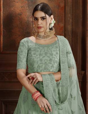 Sky-blue embroidered net semi stitched lehenga 2