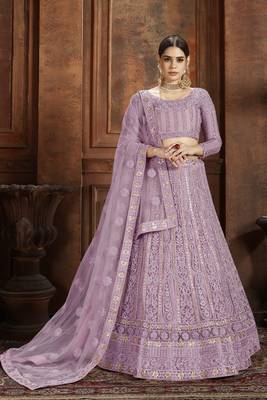 Purple embroidered net semi stitched lehenga 1