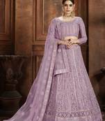 Purple embroidered net semi stitched lehenga