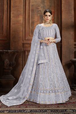 Grey embroidered net semi stitched lehenga 1