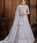 Grey embroidered net semi stitched lehenga
